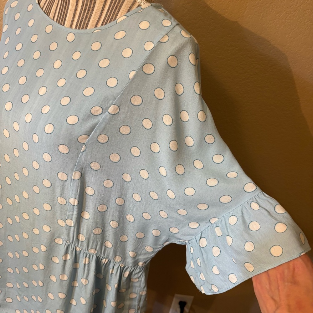 Boden Blouse Sz 12 Caroline Lt Blue White Polka Dot Peplum Viscose Cottagecore - Picture 9 of 16